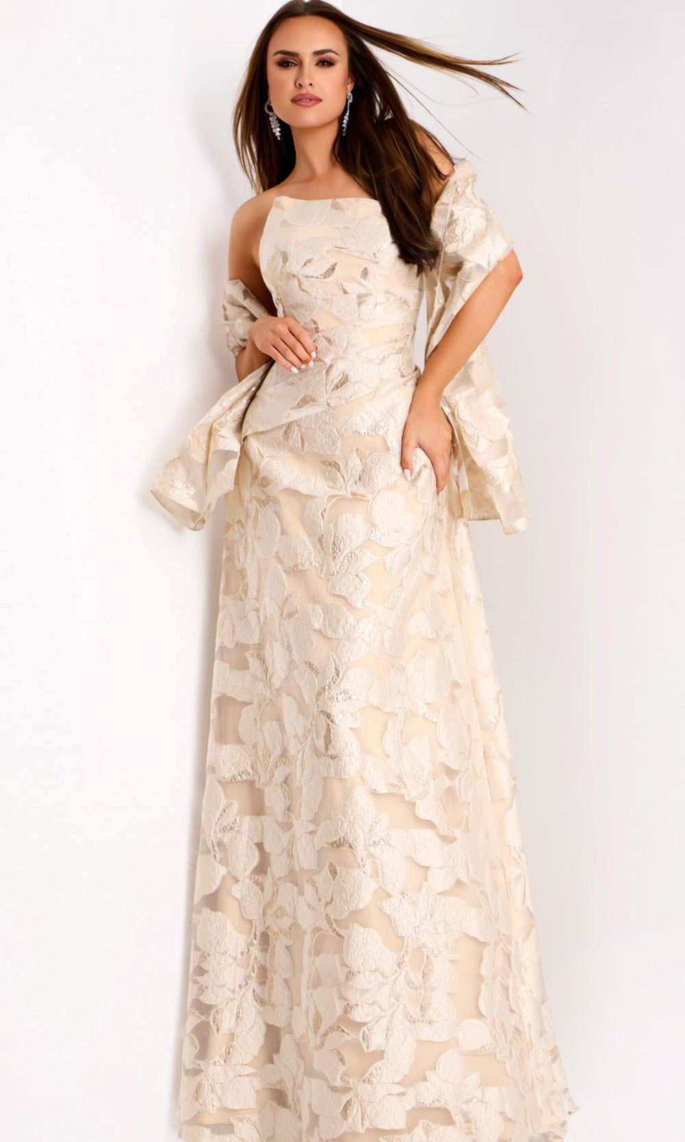 Jovani 44370 - Asymmetric Floral Texture Evening Gown