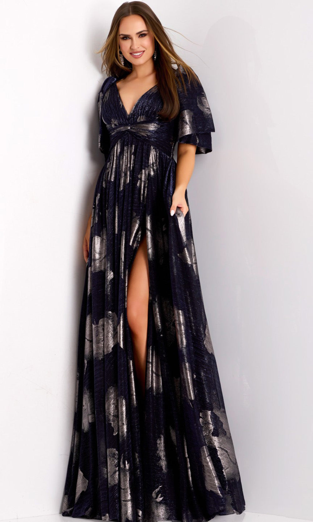 Jovani 44374 - Long Metallic Jacquard A-line Dress - Elbow-Length Flutter Sleeves, Floral Pattern, Knotted Waistband, High Slit, V-Open Back 10 / Navy Jovani 44374 - Long Metallic Jacquard A-line Dress - Elbow-Length Flutter Sleeves, Floral Pattern, Knotted Waistband, High Slit, V-Open Back 10 / Navy
