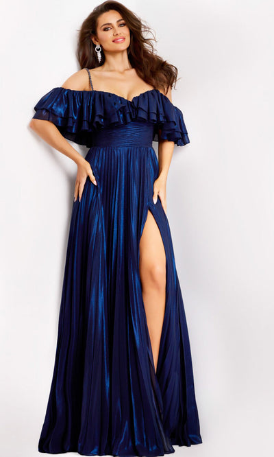 Jovani 44413 - Beaded Strap A-line Gown with Slit Evening Dresses