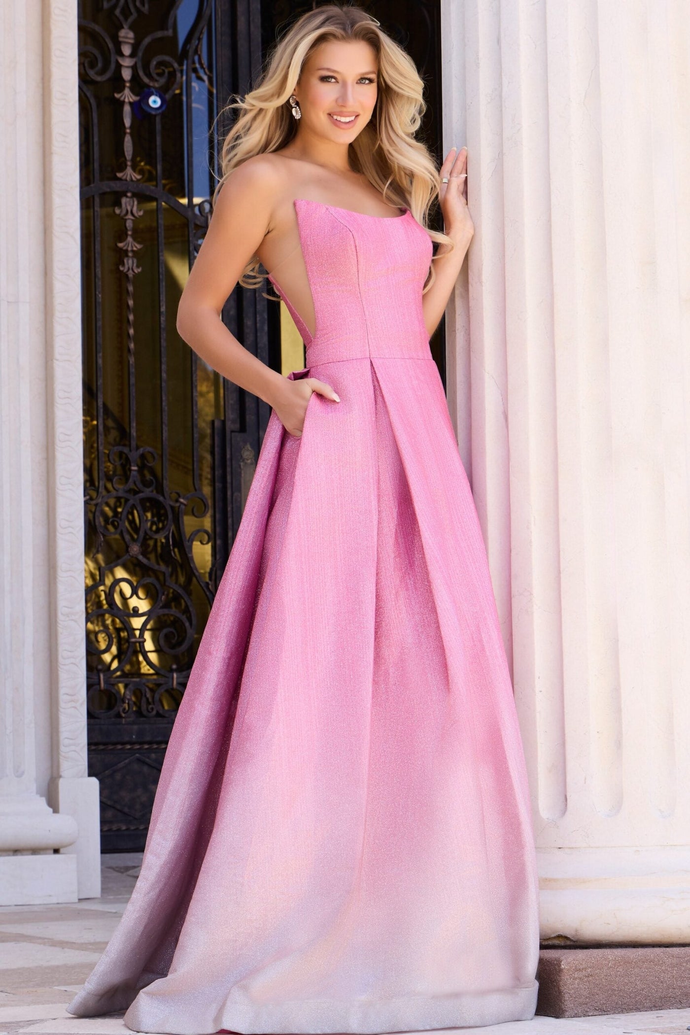 Jovani 44435 - Scoop Neck Ombre Pleated Gown Prom Dresses In Pink