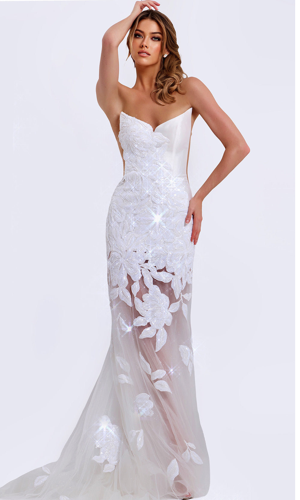 Jovani 44437 - Strapless Floral Embellished Tulle Gown