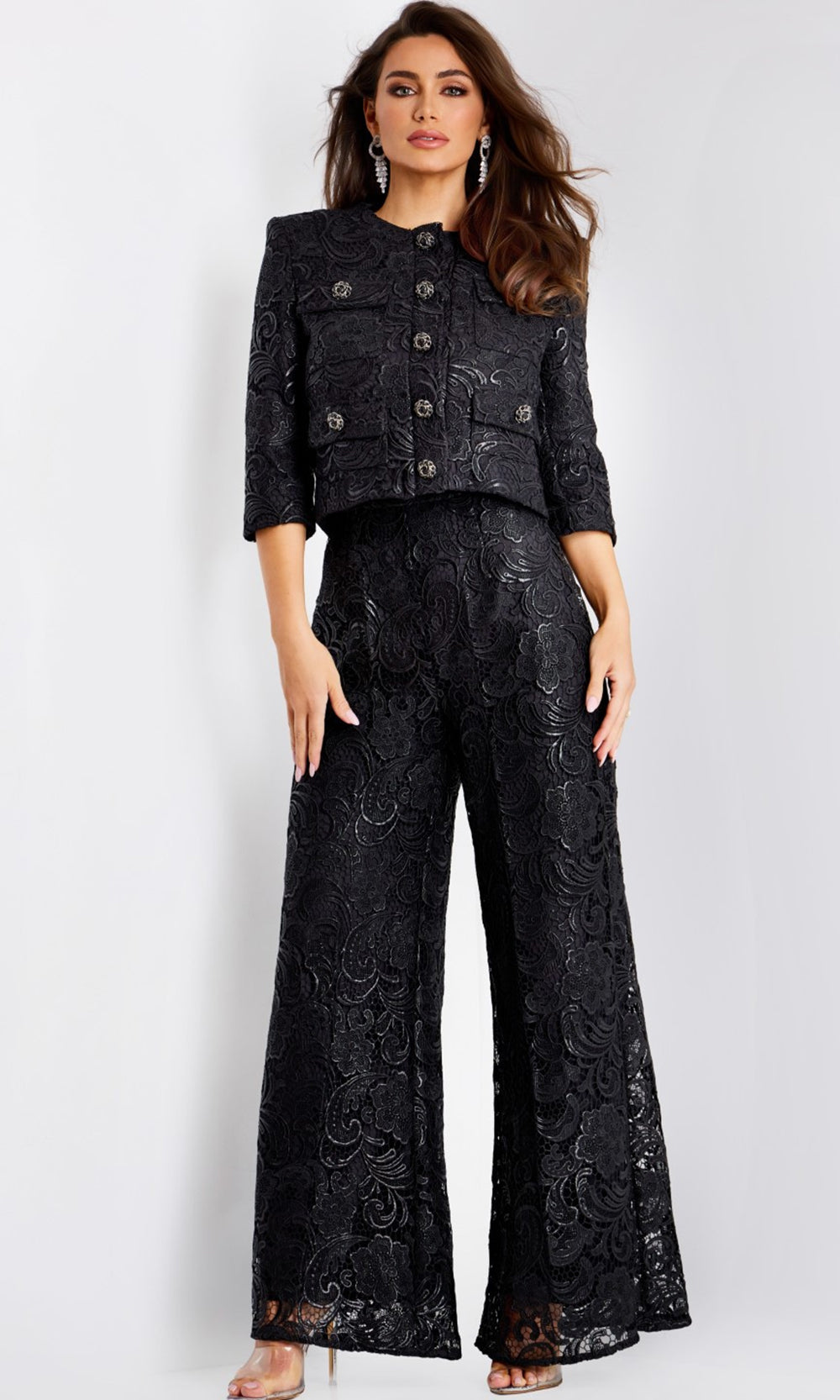 Jovani 44471 - Jewel Neck Wide Leg Embroidered Pantsuit Formal Pantsuits  in Black  