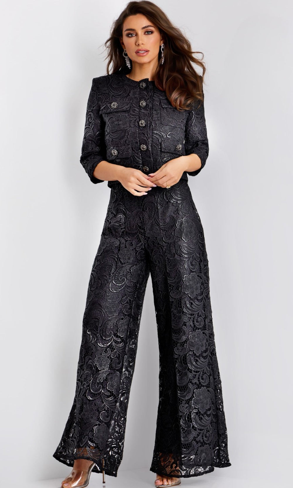 Jovani 44471 - Jewel Neck Wide Leg Embroidered Pantsuit Formal Pantsuits  in Black  