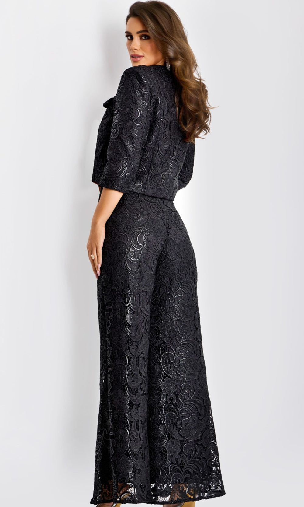 Jovani 44471 - Jewel Neck Wide Leg Embroidered Pantsuit Formal Pantsuits  in Black  