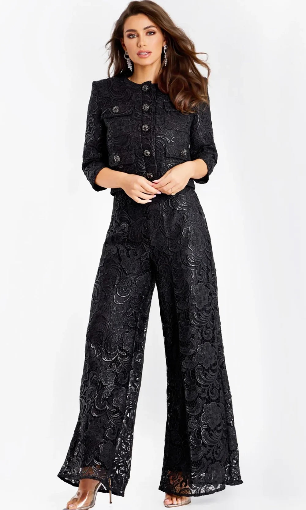 Jovani 44471 - Jewel Neck Wide Leg Embroidered Pantsuit Formal Pantsuits  in Black  