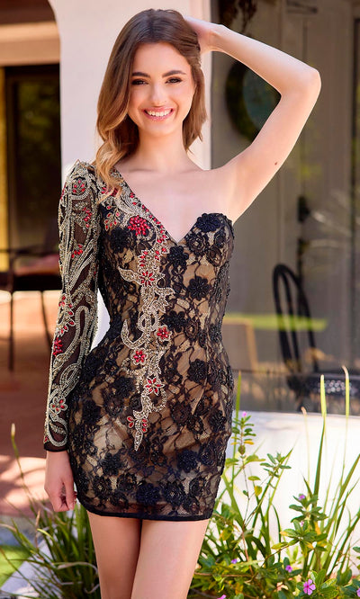 Primavera Couture 4451 - Asymmetric Beaded Lace Mini Dress Cocktail Dresses