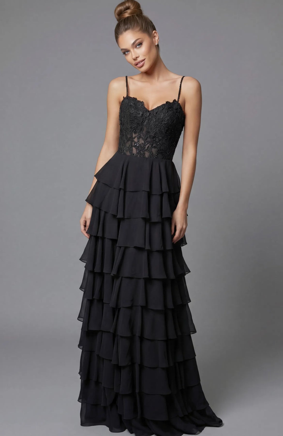 Jovani 44543 - Tiered Ruffle Sweetheart Lace Dress