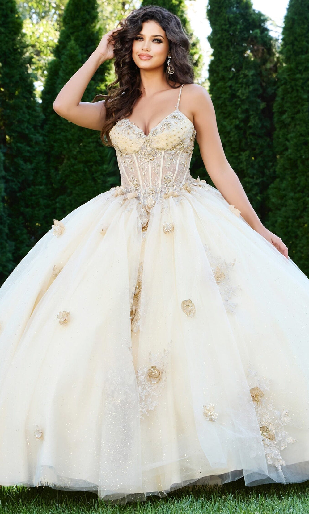 Jovani Q44559 - Floral Applique Spaghetti Strap Ballgown