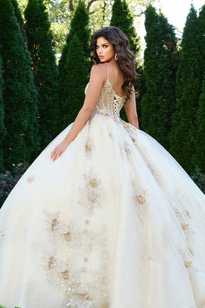 Jovani Q44559 - Floral Applique Spaghetti Strap Ballgown Quinceanera Dresses Accent In Neutral 