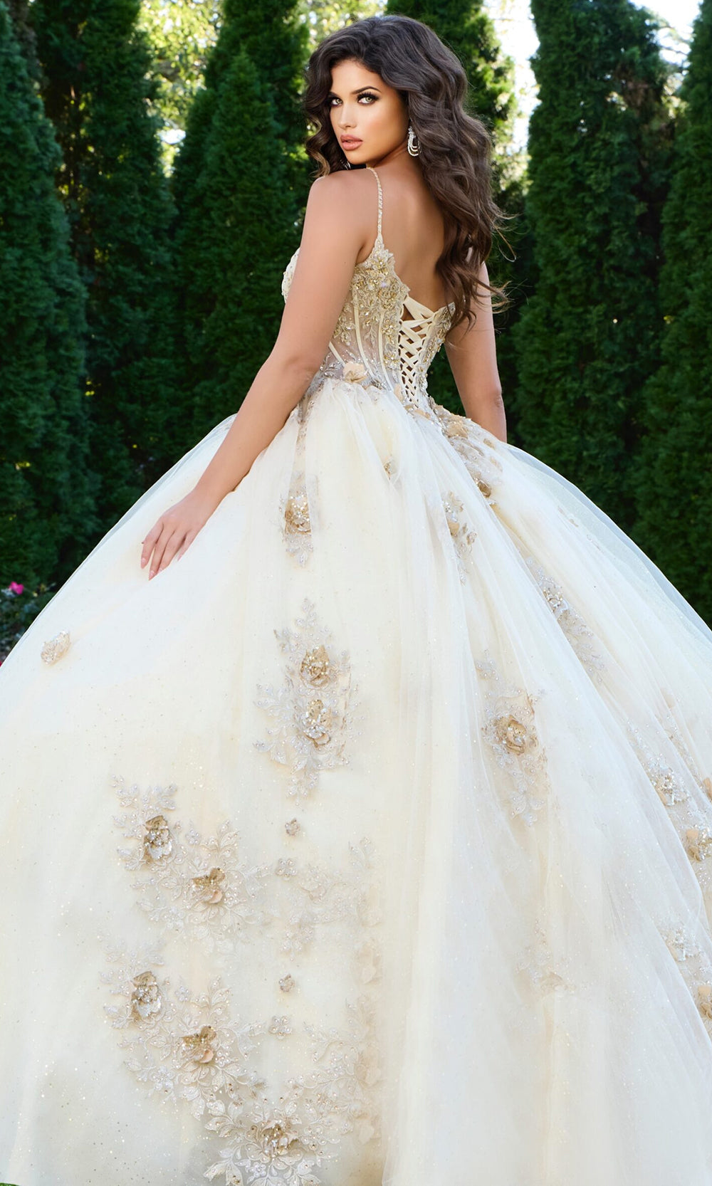 Jovani Q44559 - Floral Applique Spaghetti Strap Ballgown