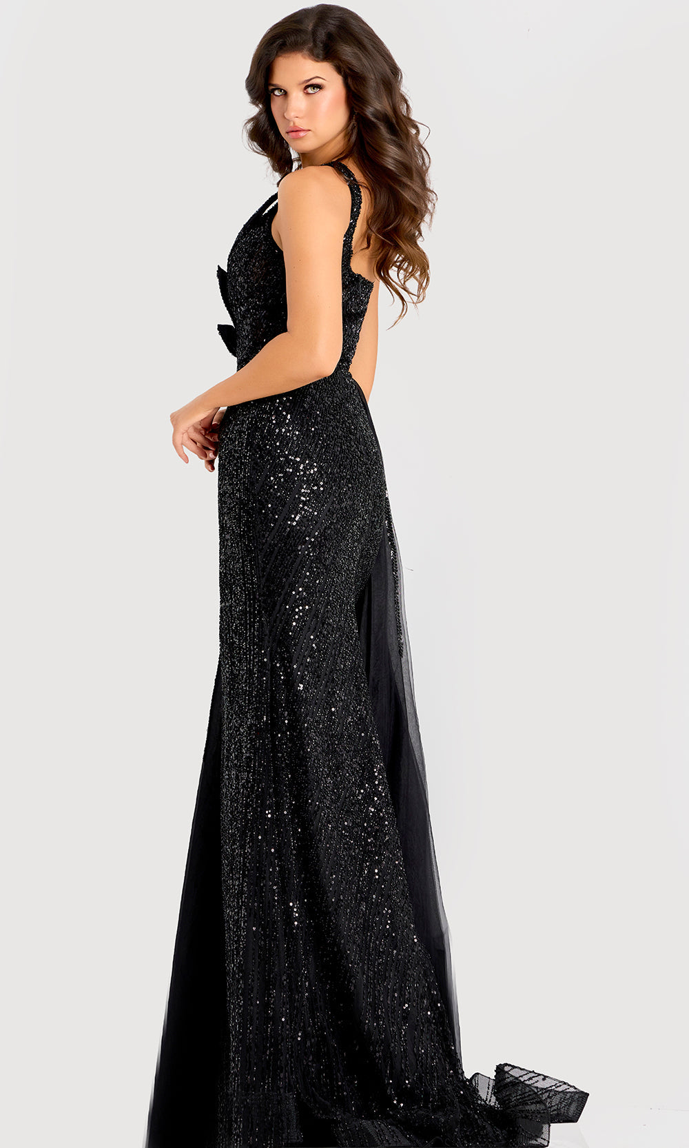 Jovani 44592 - Sleeveless Sequin Ornate Gown with Side Draped Special Occasion Dress In Black