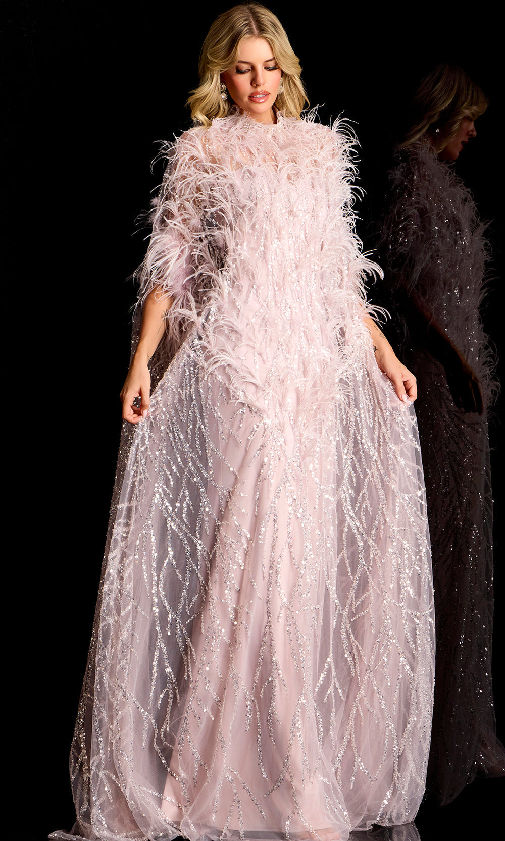 Jovani 44593 - High Neck Beaded Gown with Feather Accent