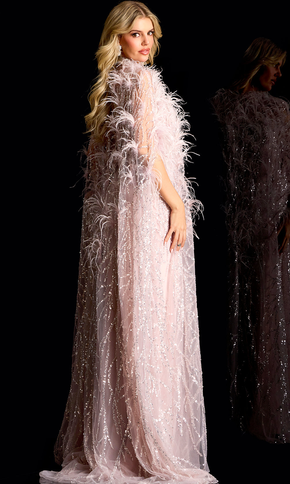 Jovani 44593 - High Neck Beaded Gown with Feather Accent
