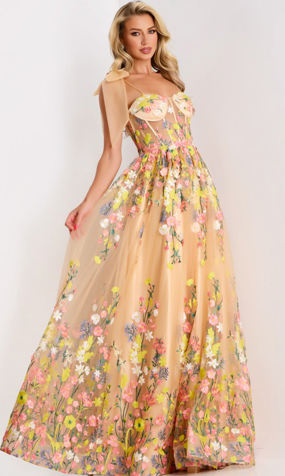 Jovani Dress Yellow And Pink Prom Dress Jovani 44596 Long Tulle A-Line Dress Multicolor Floral Jovani Dress Yellow And Pink Prom Dress Jovani 44596 Long Tulle A-Line Dress Multicolor Floral
