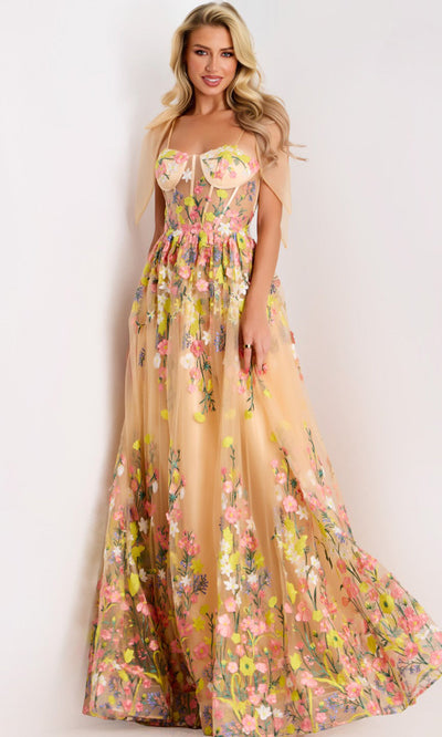 Jovani 44596 - Strapless Floral Tulle A-Line Gown Prom Dresses