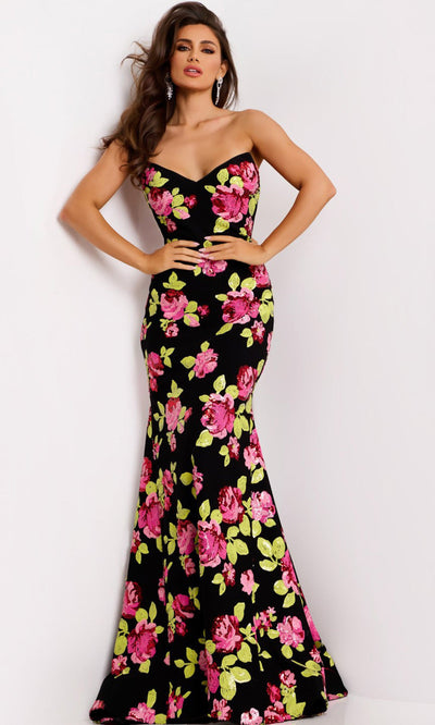 Jovani 44617 - Trumpet Skirt Strapless Floral Gown Formal Gowns