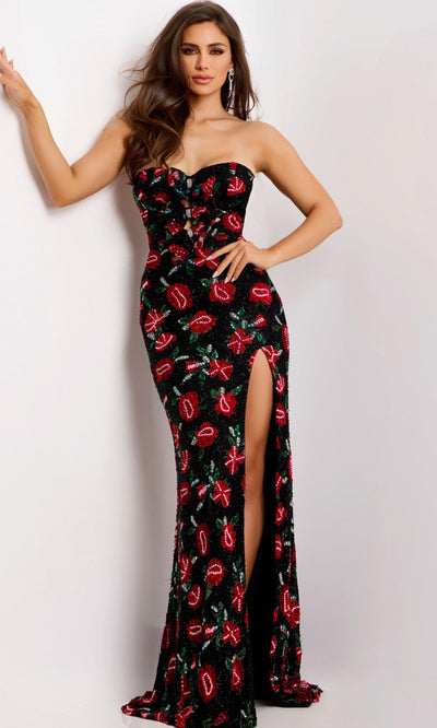 Jovani 44633 - Sweetheart Floral Gown with Bows Formal Gowns