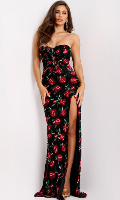 Jovani 44633 - Sweetheart Floral Gown with Bows Formal Gowns