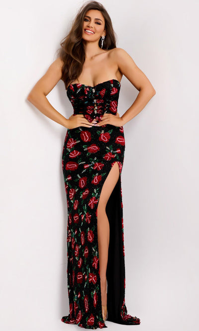 Jovani 44633 - Sweetheart Floral Gown with Bows Formal Gowns