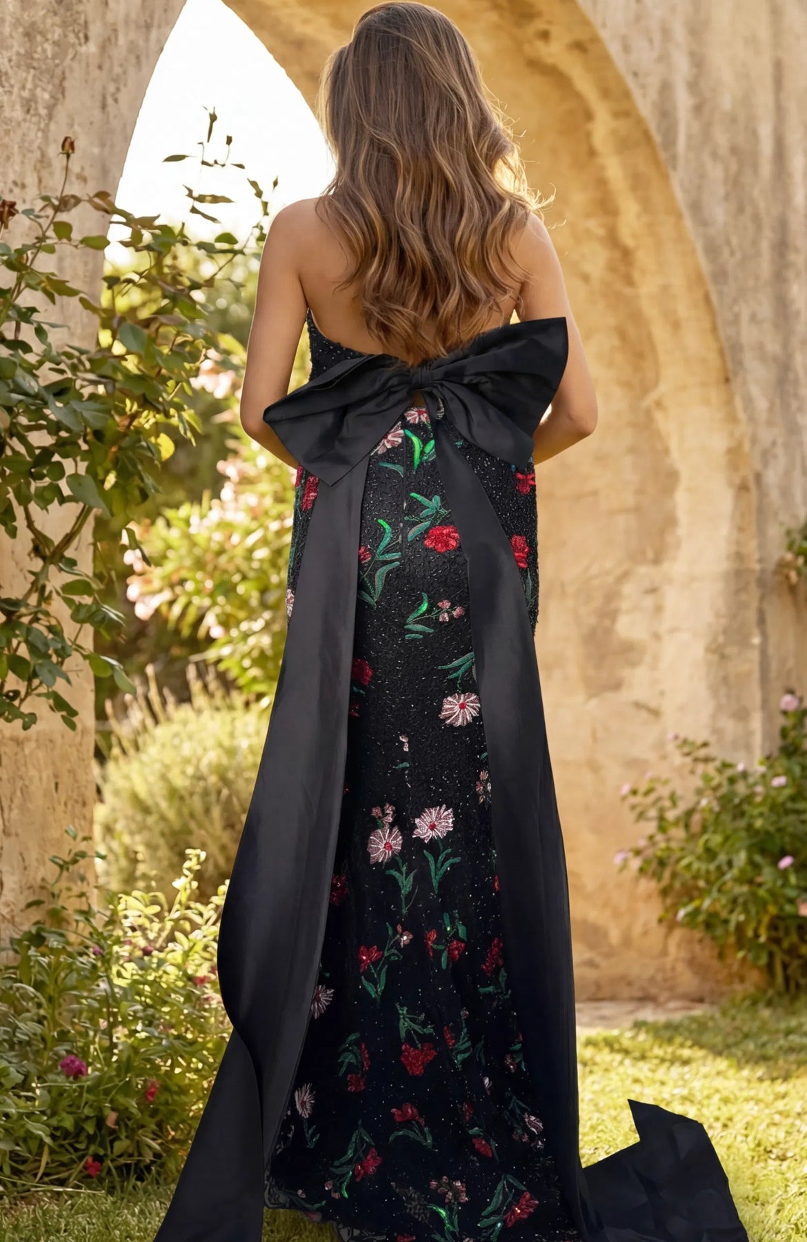 Jovani 44636 - Floral Embellished Bow Back Gown