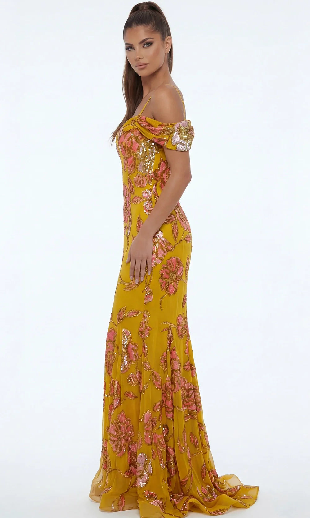 Jovani 44652 - Floral Embellished Cold Shoulder Long Gown Mother of the Bride Dresses  in Yellow Multi