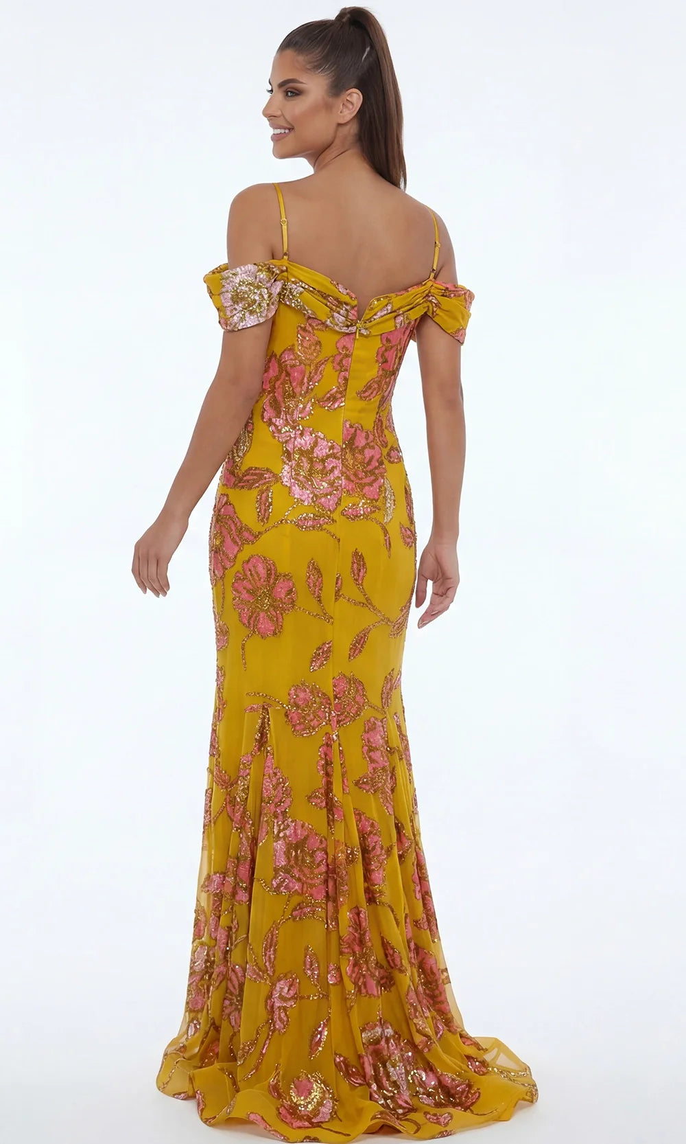 Jovani 44652 - Floral Embellished Cold Shoulder Long Gown Mother of the Bride Dresses  in Yellow Multi