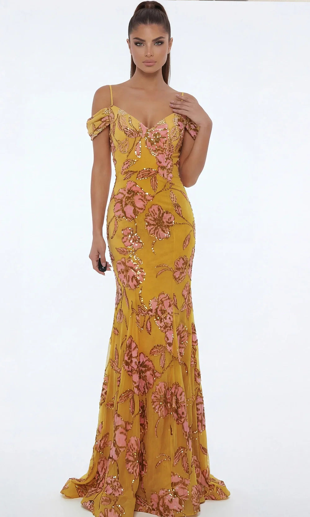 Jovani 44652 - Floral Embellished Cold Shoulder Long Gown Mother of the Bride Dresses  in Yellow Multi