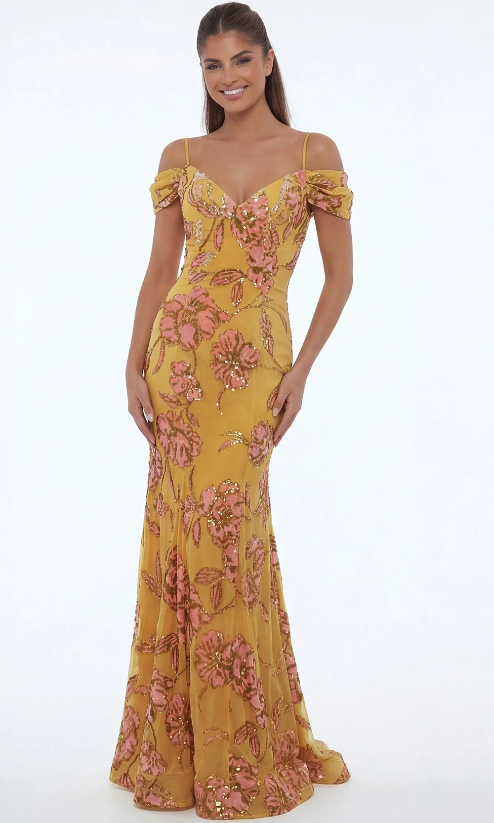 Jovani 44652 - Floral Embellished Cold Shoulder Long Gown Mother of the Bride Dresses  in Yellow Multi