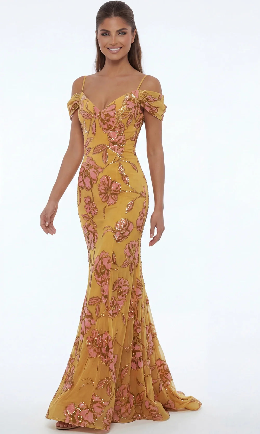 Jovani 44652 - Floral Embellished Cold Shoulder Long Gown Mother of the Bride Dresses  in Yellow Multi