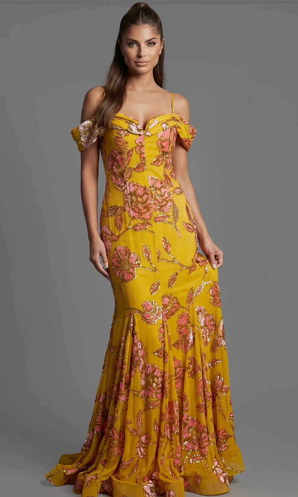 Jovani 44652 - Floral Embellished Cold Shoulder Long Gown Mother of the Bride Dresses  in Yellow Multi