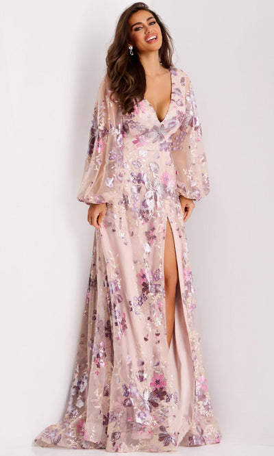 Jovani 44655 - V-Neckline Embroidered Tulle Gown Formal Gowns
