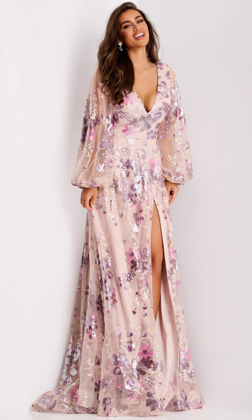 Jovani 44655 - V-Neckline Embroidered Tulle Gown