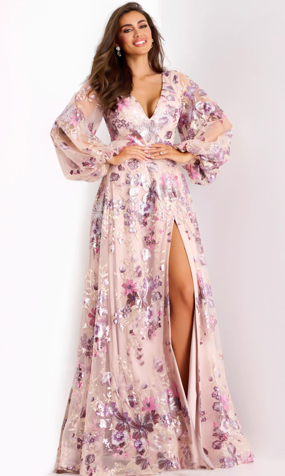 Jovani 44655 - V-Neckline Embroidered Tulle Gown