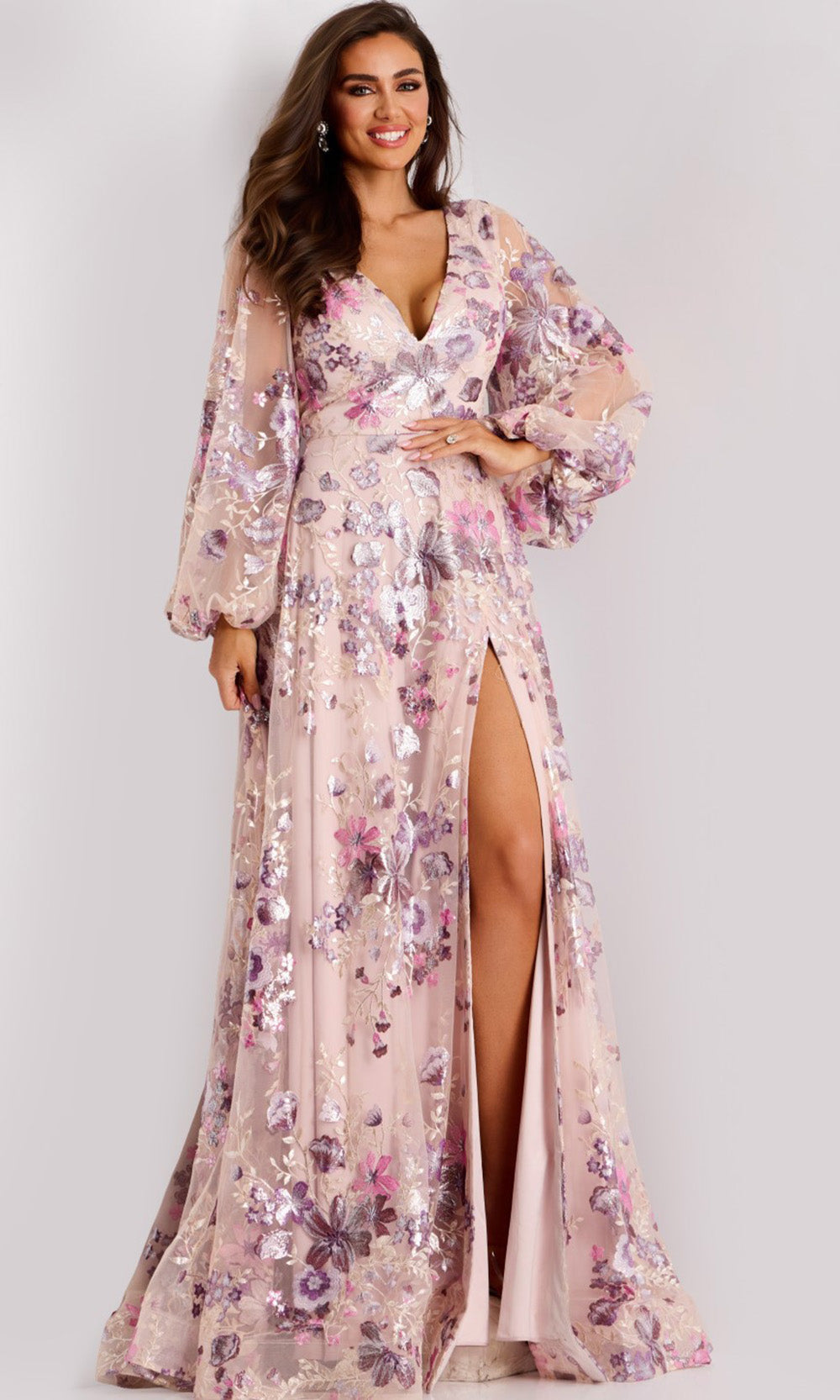 Jovani 44655 - V-Neckline Embroidered Tulle Gown