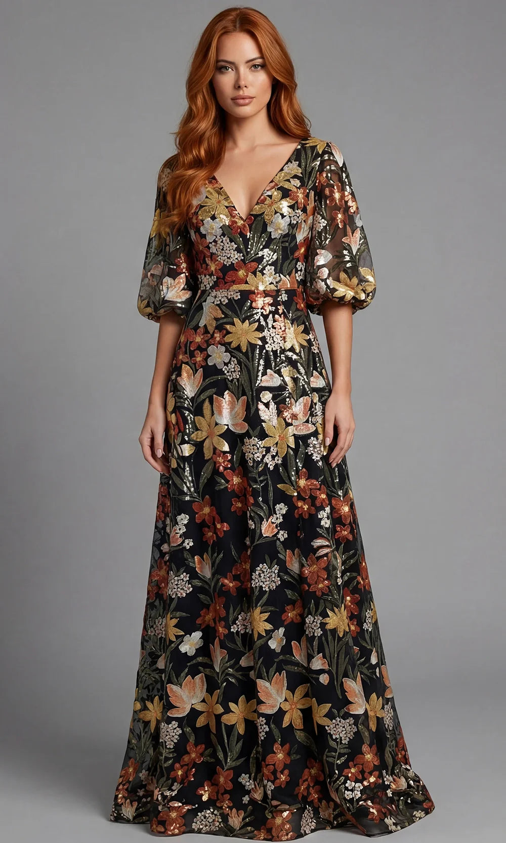 Jovani 44656 - V-Neckline Allover Floral Evening Gown Mother of the Bride Dresses  in Black Multi