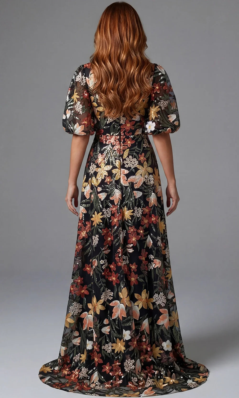 Jovani 44656 - V-Neckline Allover Floral Evening Gown Mother of the Bride Dresses  in Black Multi