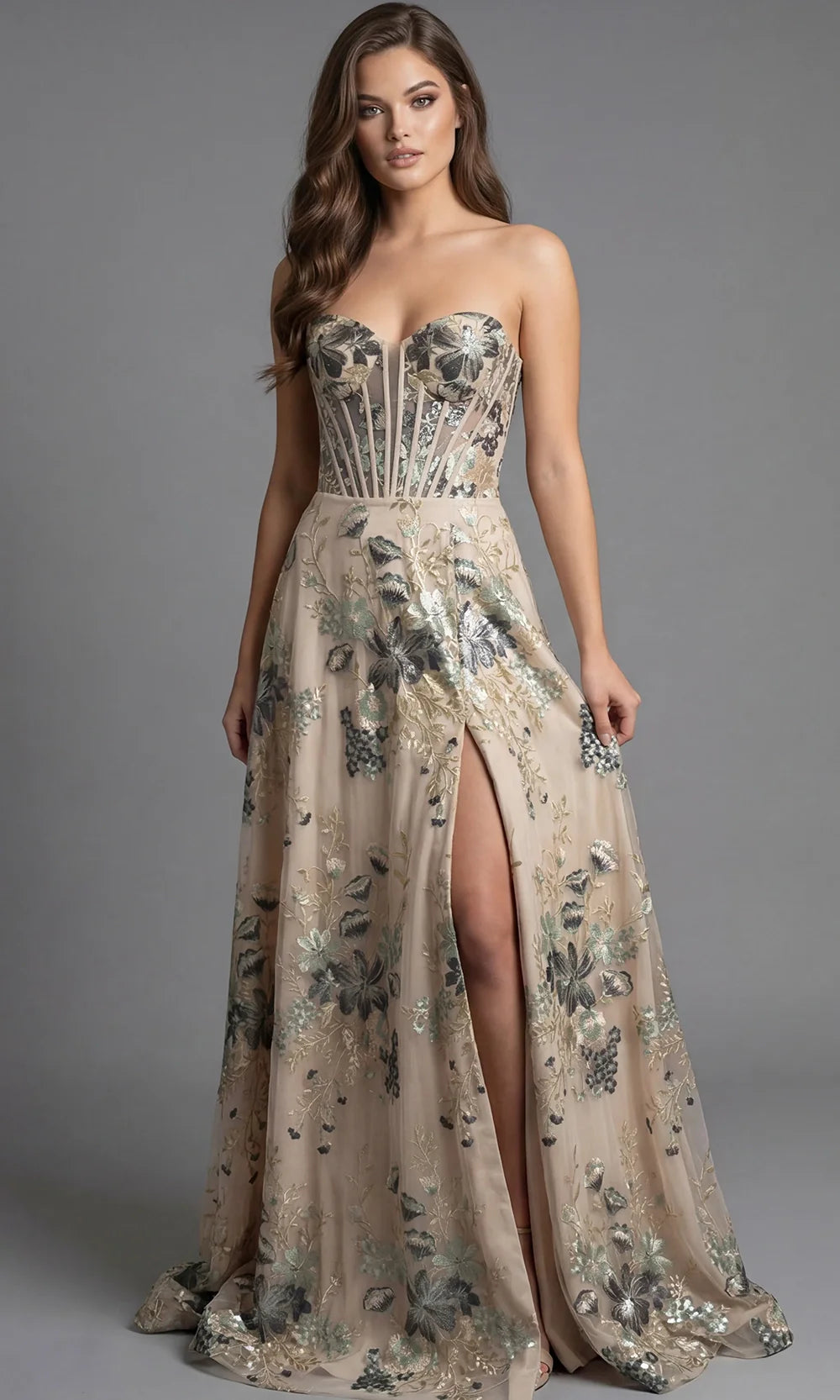 Jovani 44659 - Floral Embroidered Corset Strapless Gown Prom Dresses  in Champagne  