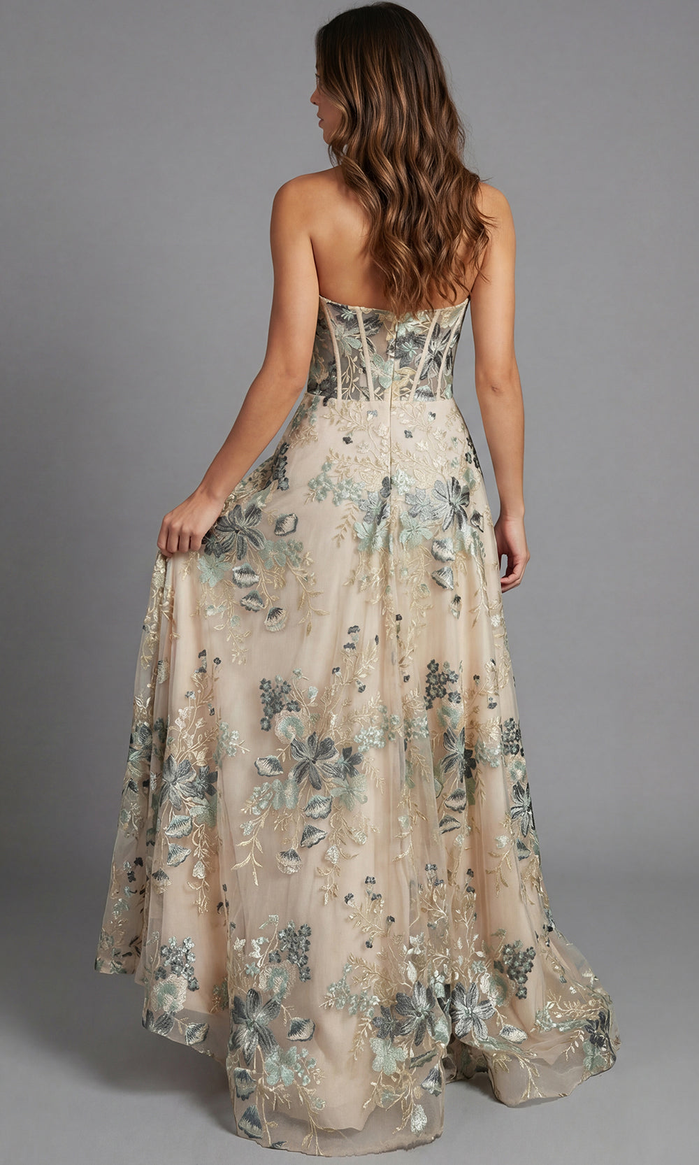 Jovani 44659 - Floral Embroidered Corset Strapless Gown Prom Dresses  in Champagne  
