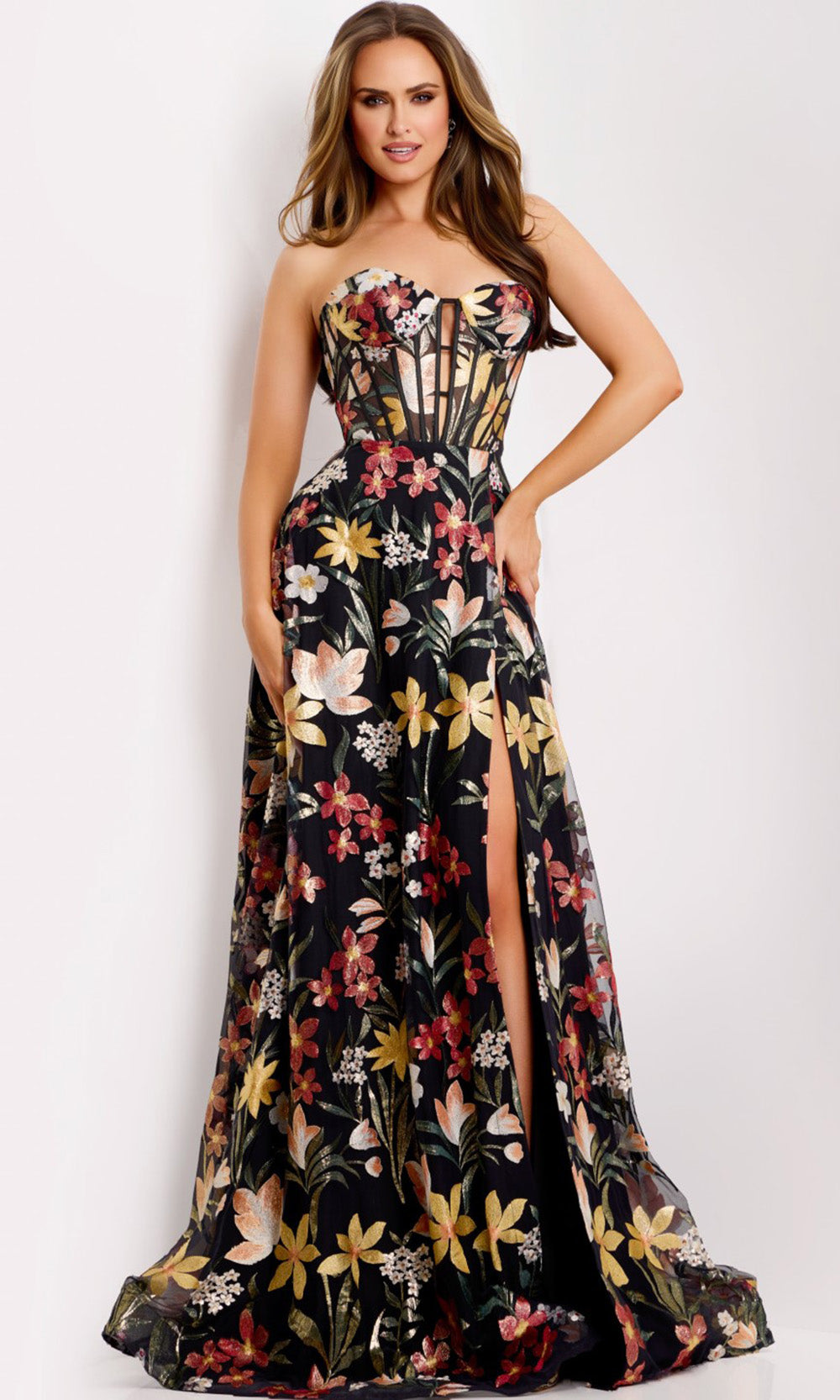 Jovani 44660 Evening Gown | Floral Embroidered Prom Dress Black/Multi / 14 Jovani 44660 Evening Gown | Floral Embroidered Prom Dress Black/Multi / 14