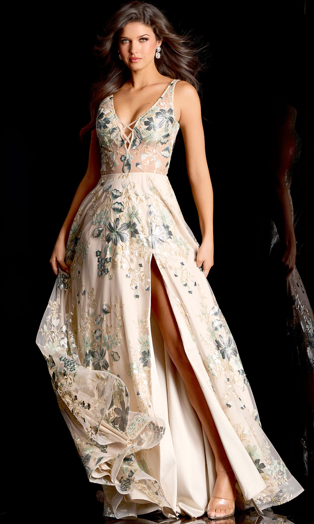 Jovani 44662 - Embroidered Tulle Plunging V-Neck Gown