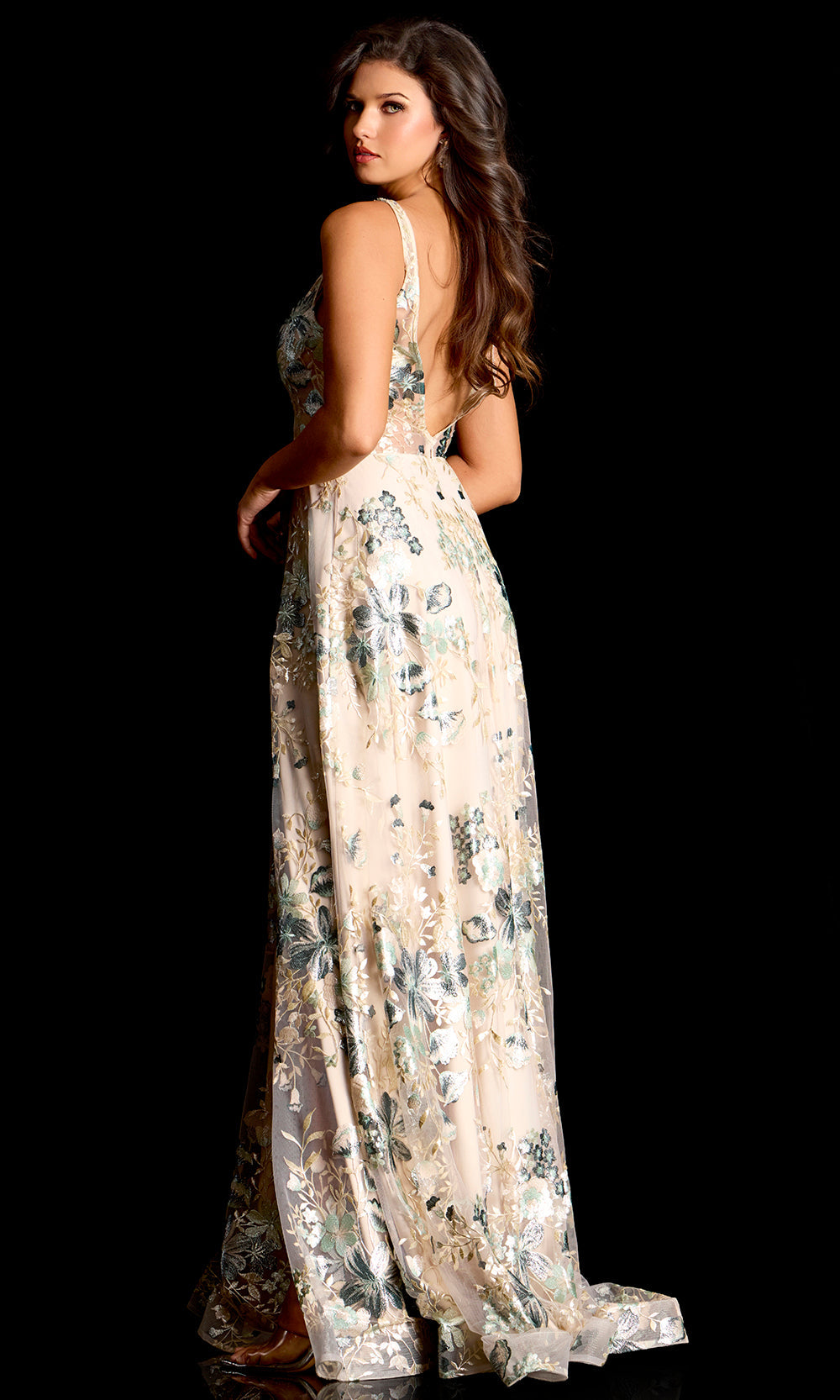 Jovani 44662 - Embroidered Tulle Plunging V-Neck Gown