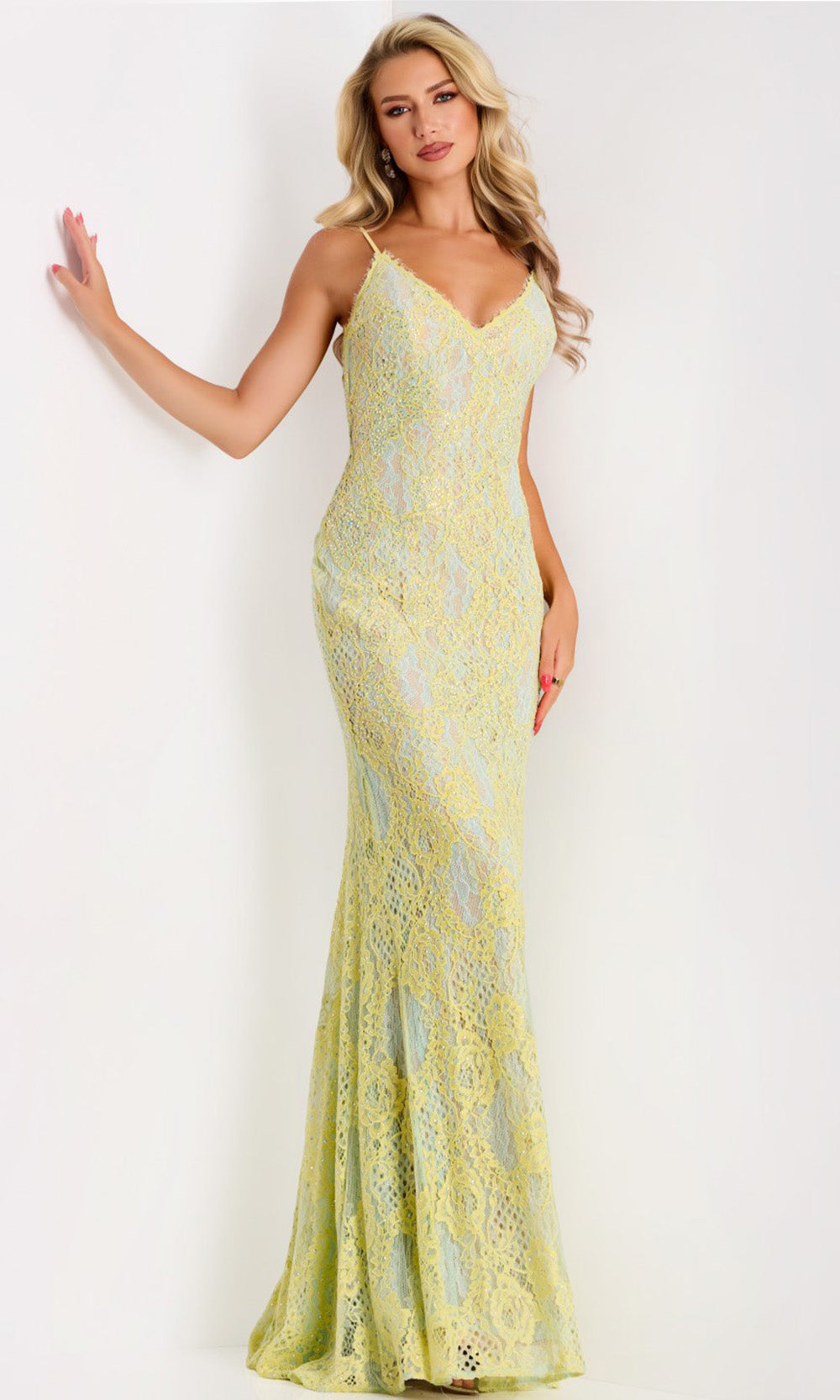 Jovani 44668 - Long Lace with underlay Sheath Dress - Spaghetti Straps, Scalloped Trim, Floral Lace, Light Beading, V-Shaped Back, Fitted 00 / Green Jovani 44668 - Long Lace with underlay Sheath Dress - Spaghetti Straps, Scalloped Trim, Floral Lace, Light Beading, V-Shaped Back, Fitted 00 / Green