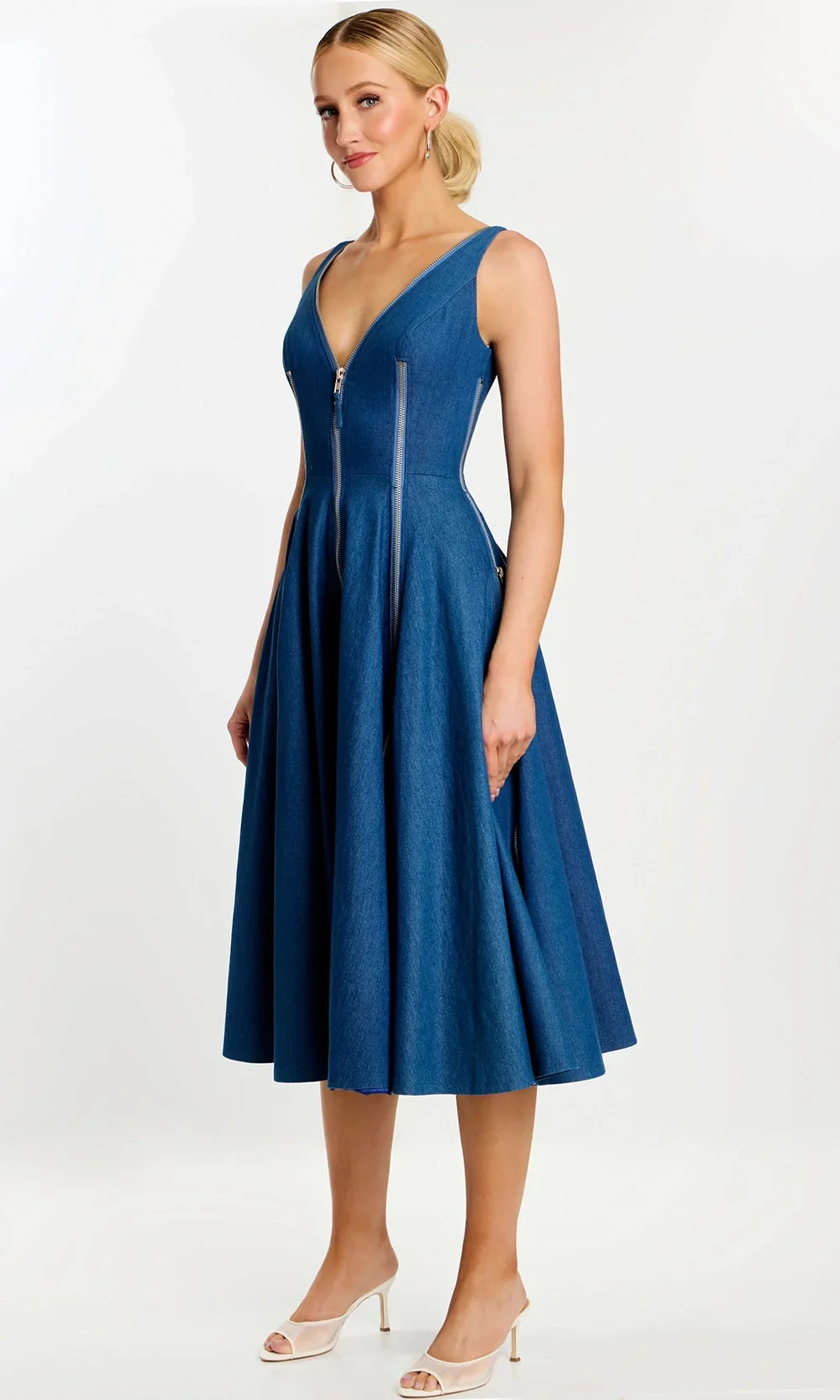 Jovani 44680 - V-Neckline Midi Dress with Exposed Zippers Prom Dresses  in Denim  