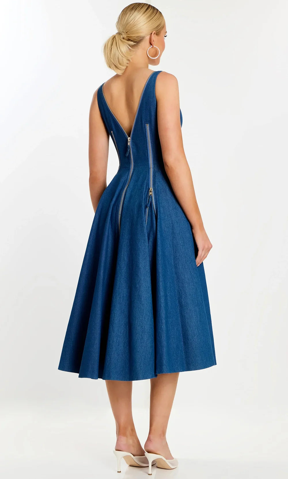 Jovani 44680 - V-Neckline Midi Dress with Exposed Zippers Prom Dresses  in Denim  