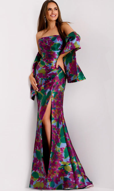 Jovani 44714 - Straight Neckline Printed Satin Gown Formal Gowns
