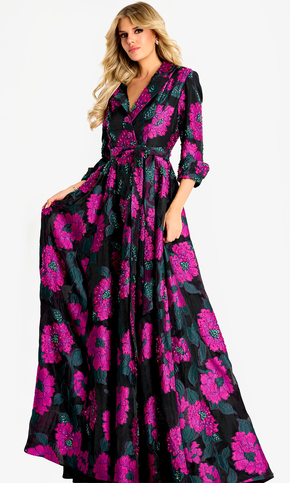 Jovani 44716 - Floral Beaded Collared V-Neck Gown
