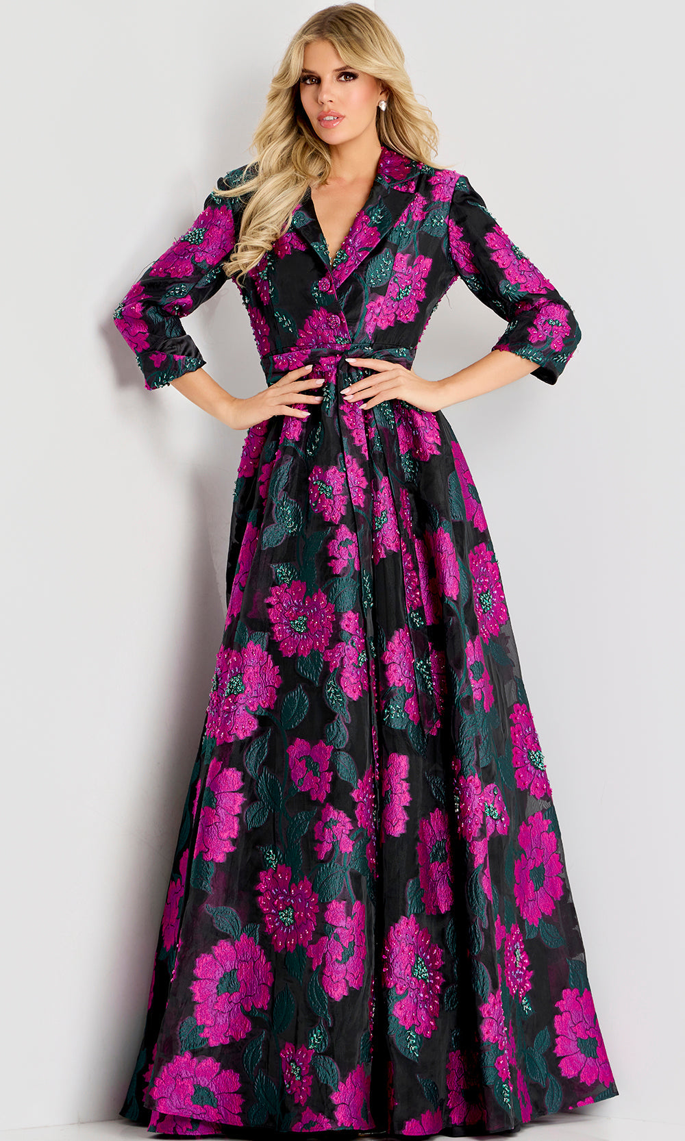 Jovani 44716 - Floral Beaded Collared V-Neck Gown