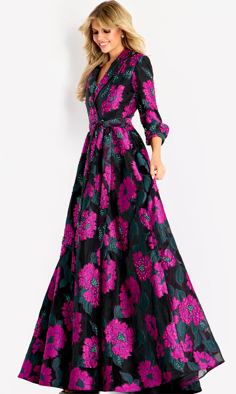 Jovani 44716 - Floral Beaded Collared V-Neck Gown