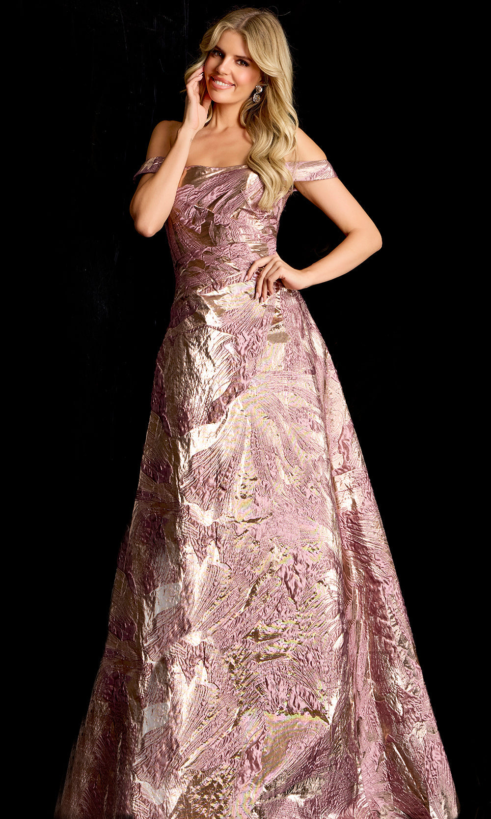 Jovani 44718 - Textured Floral Off Shoulder Long Gown