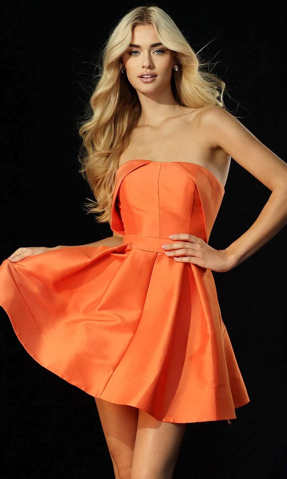Jovani 44721 - Pleated A-Line Skirt Satin Cocktail Dress In Orange